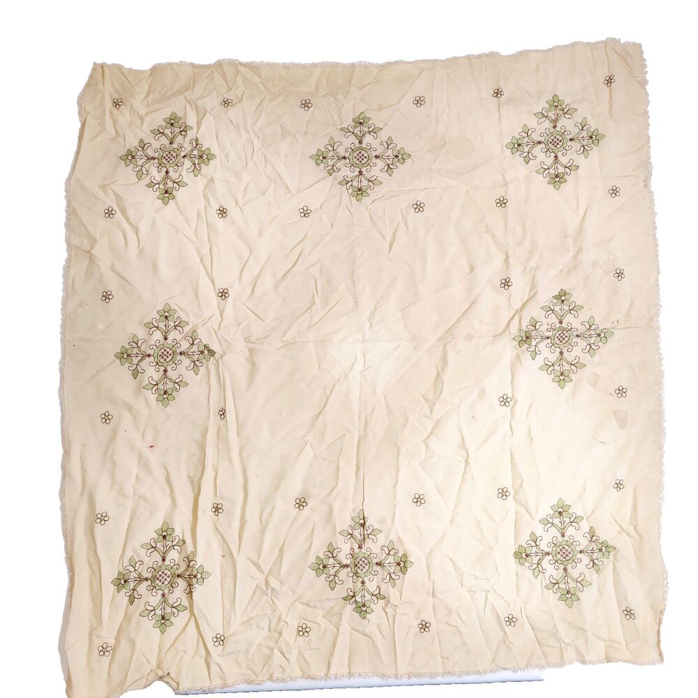 Vintage 1930s Square Side Table Linen Green Flower Tablecloth Cross stitch